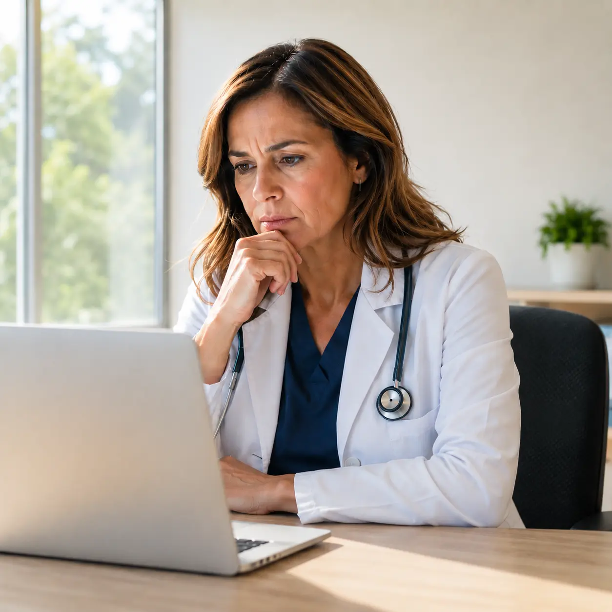 Médica revisando información clínica en su computador con expresión de preocupación
